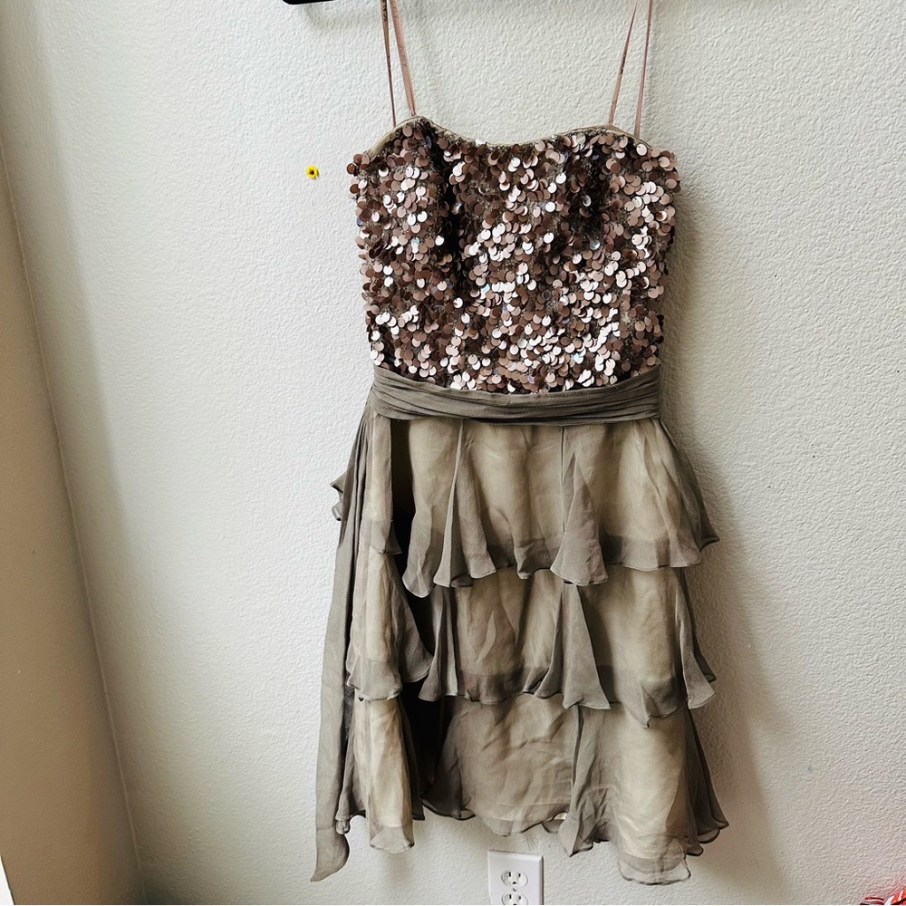 Scala Strapless Taupe Gray Sparkle Sequin Silk Ru… - image 1